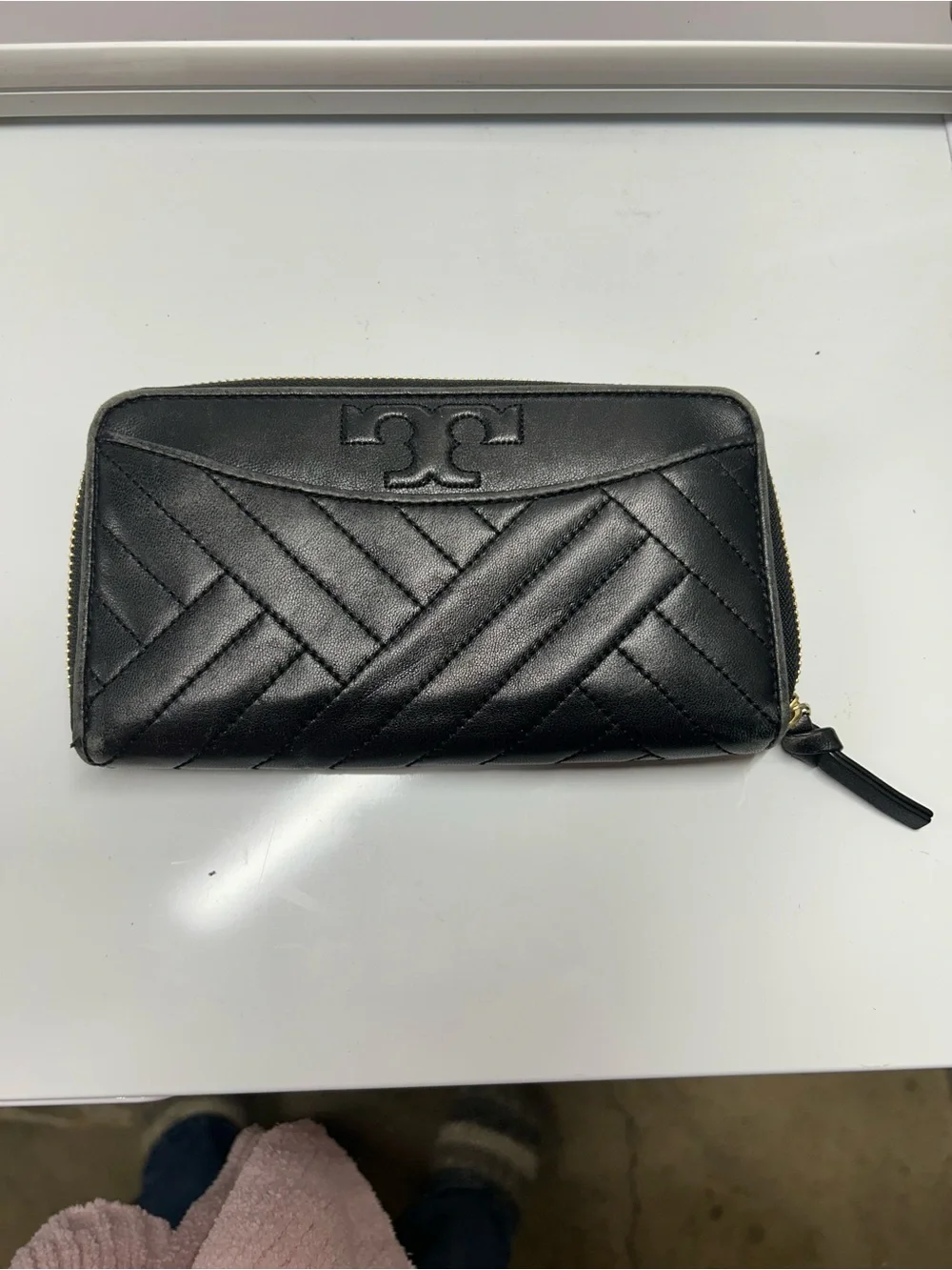 Tory Burch Black Quilted Leather Zip Wallet with Logo